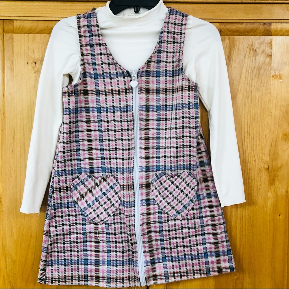btween Pink Plaid Pinafore Dress with Ivory Top